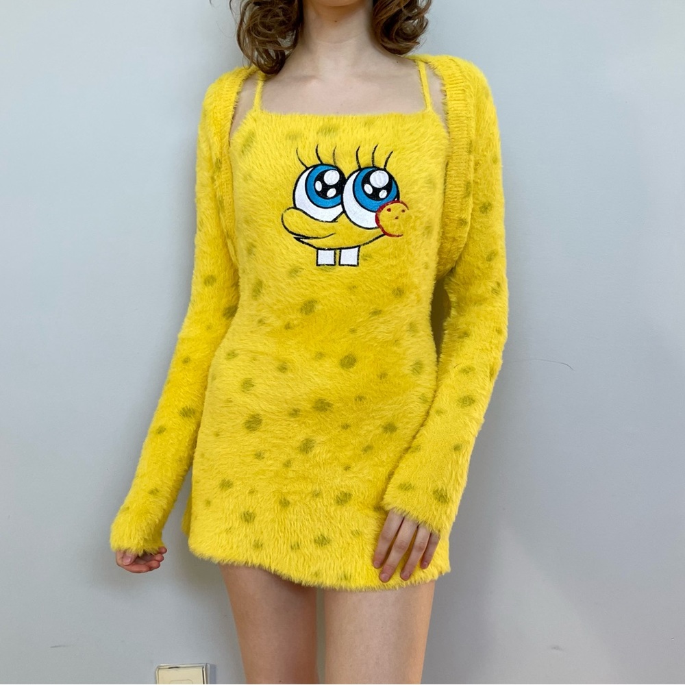 Dolls Kill x SpongeBob yellow fuzzy mini dress